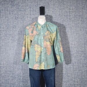 Unique World Map Shirt | Atlas Print Button Up | Academia Aesthetic |Size L